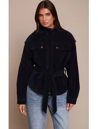 Navy Suede Belted Drop Waist Jacket
