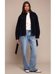 Navy Suede Belted Drop Waist Jacket - 2