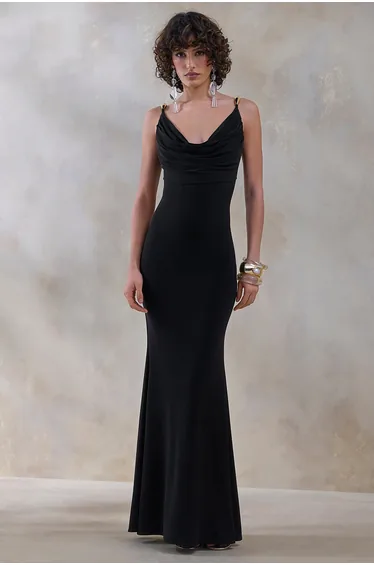 Iridessa | Black Plunge-Neck Maxi Dress