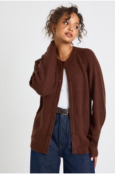 Crew Neck Knit Cardigan - chocolate
