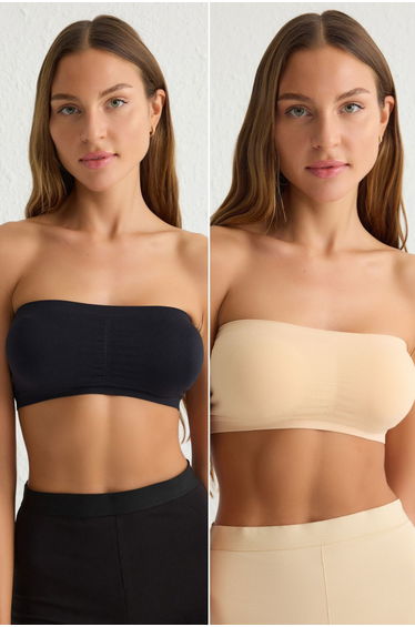 Black-Skin 2-Piece Seamless/Seamless Non-wired Covered Bandeau Knitted Bra