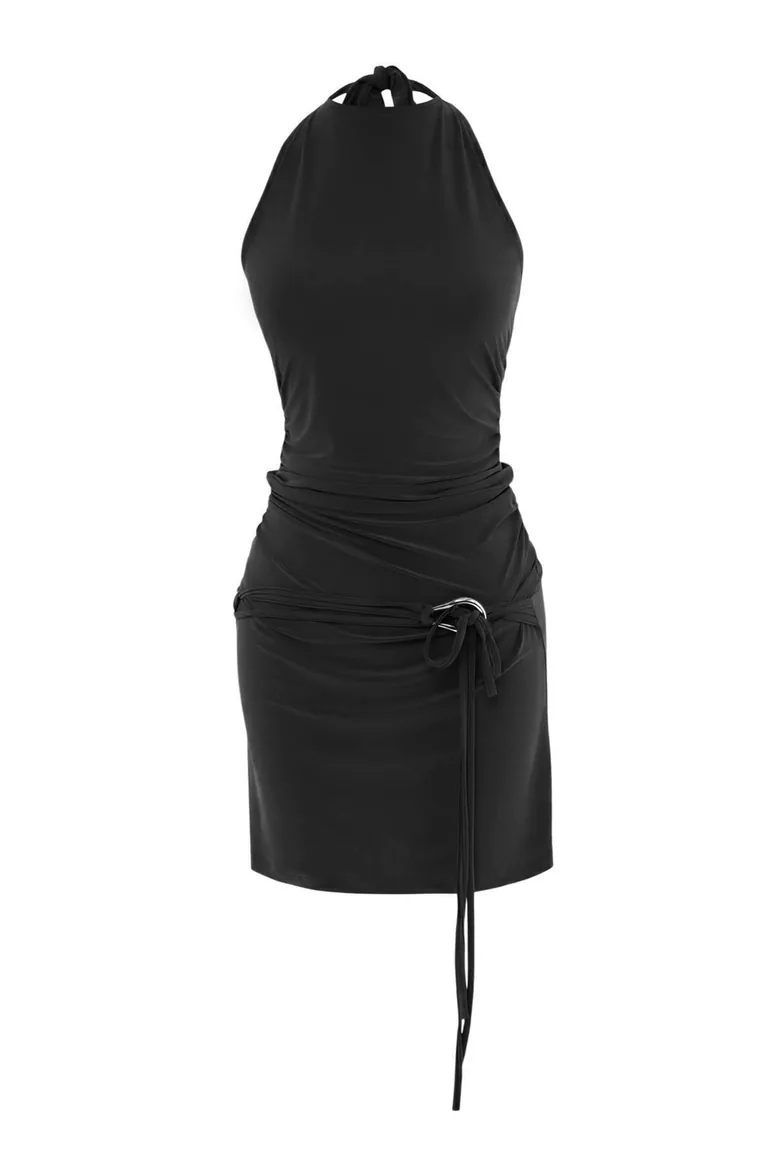Black Plain Bodycon Degaje Collar Sleeveless Accessory Detail Midi Stretchy Knitted Dress - 4