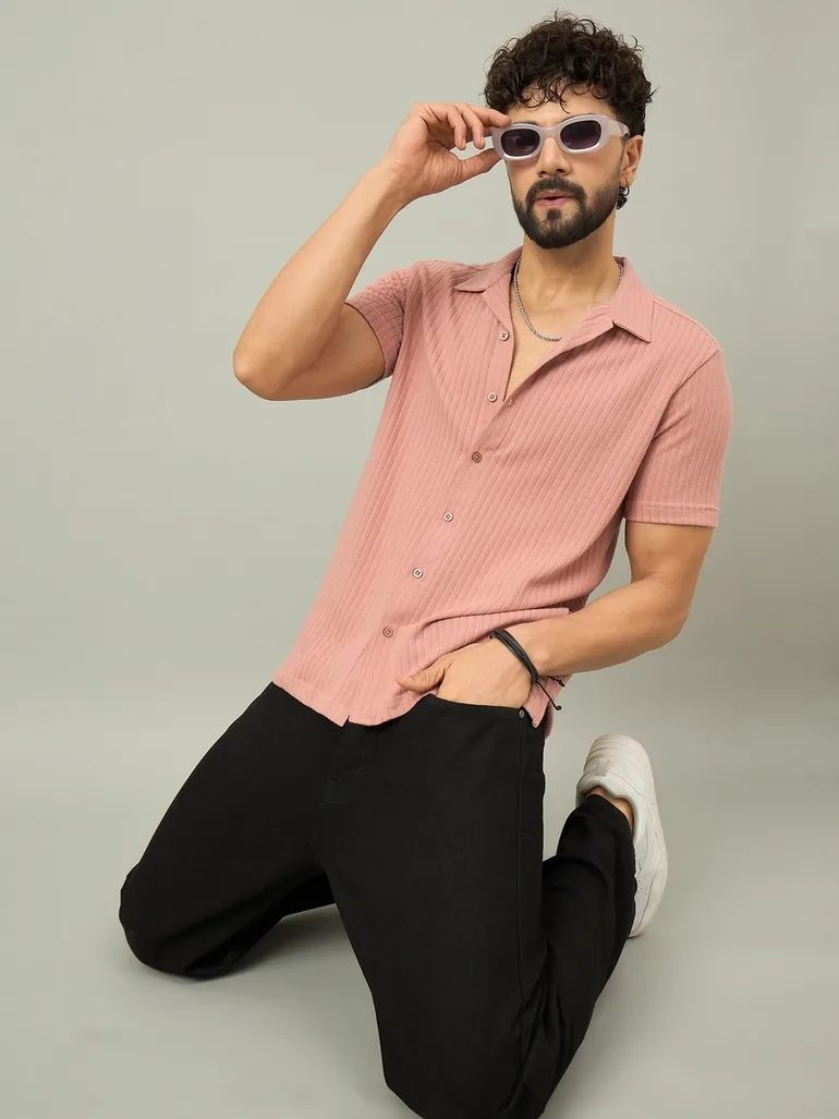 Peach Textured Buttoned Shirt - 5
