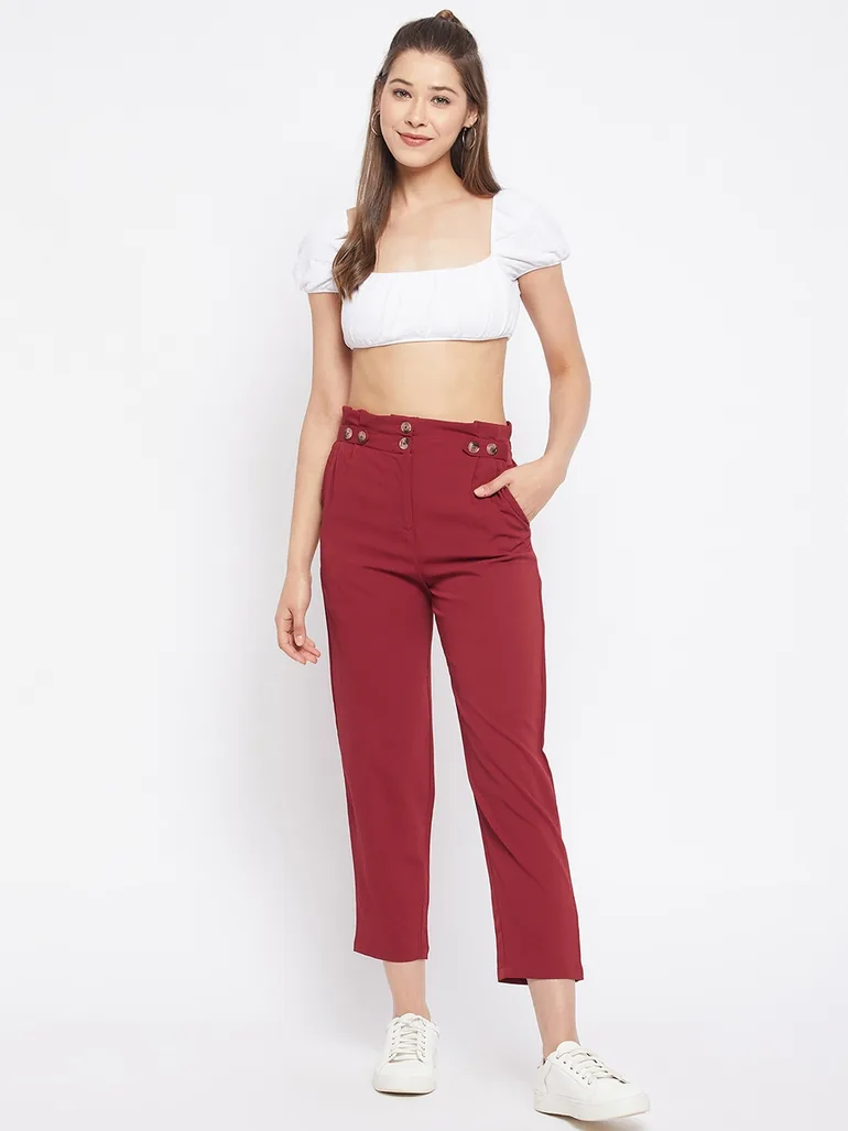 Women Maroon Regular Fit Trousers