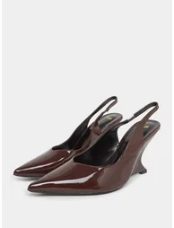Coffee Brown Pointed Toe Wedge Heel Shoes - 1