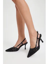 Lace Detail Low Slingback Court Shoes - black