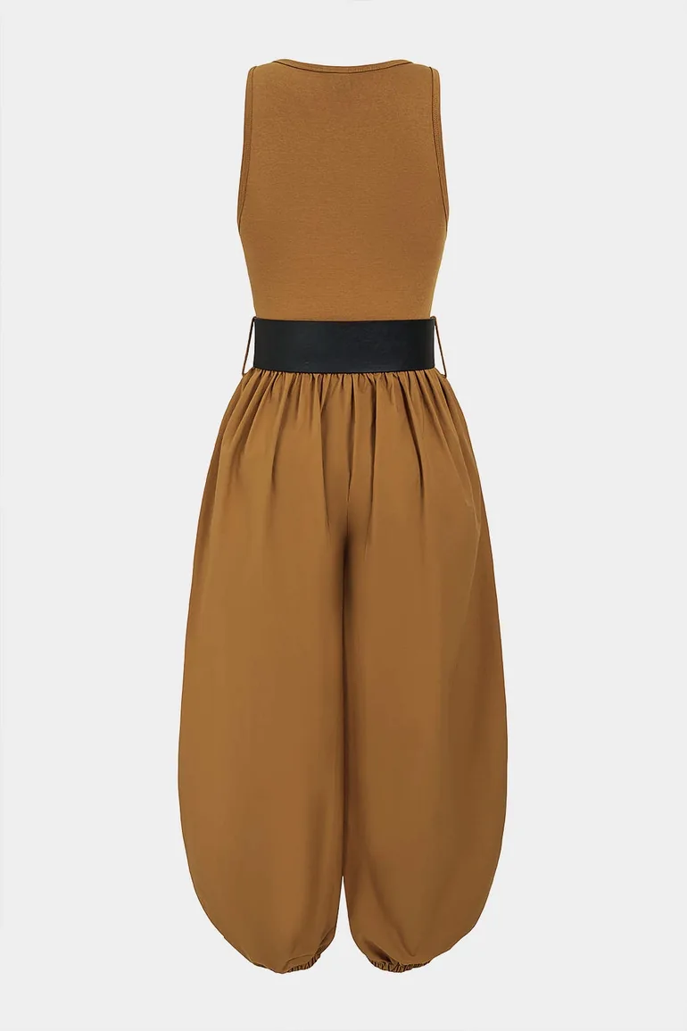 Round Neck Patchwork Ruched Belted Sleeveless Jumpsuit - 1