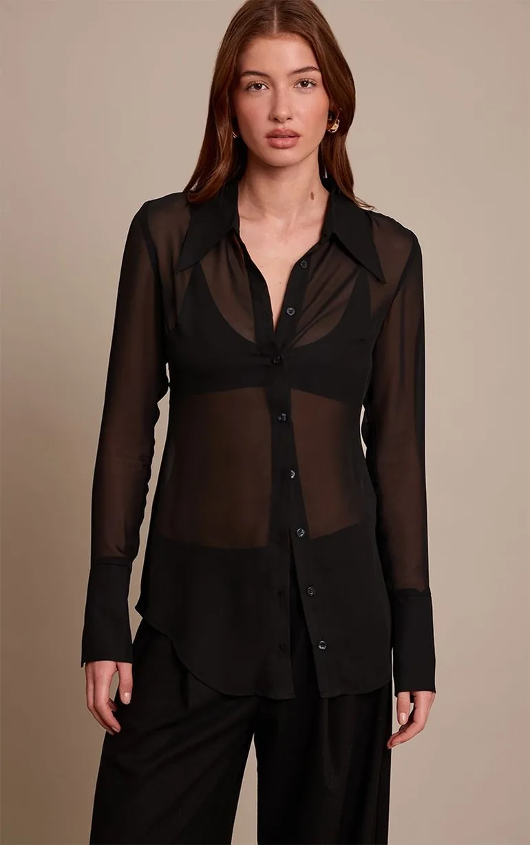Black Chiffon Oversized Collar Button Down Fitted Shirt - 5