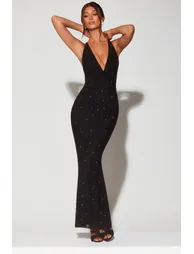 Embellished Plunge Halter Neck Evening Gown in Black - 8