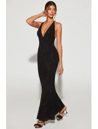 Embellished Plunge Halter Neck Evening Gown in Black - 9