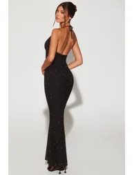 Embellished Plunge Halter Neck Evening Gown in Black - 5