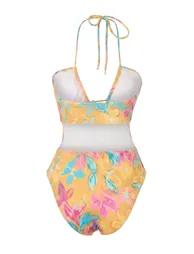 Floral Pattern Strapless Covered Regular Swimsuit with Bead Accessories - 4