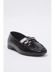 Black Metal Accessories Detailed Patent Leather Extra Comfortable Women Loafer Shoes