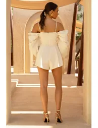 Normani | Cream Linen Plunge-Neck Playsuit with Ruffles - 1