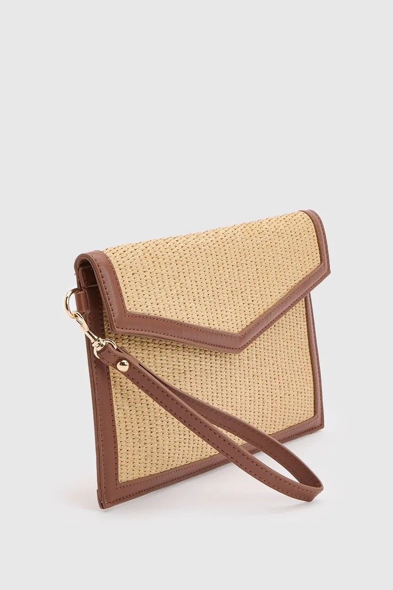 Contrast Raffia Clutch Bag With Detachable Handle - tan - 2