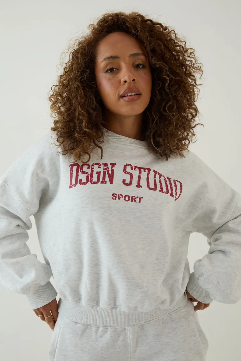DSGN Studio Collegiate Printed Balloon Sleeve Crew Neck Sweatshirt - ash grey