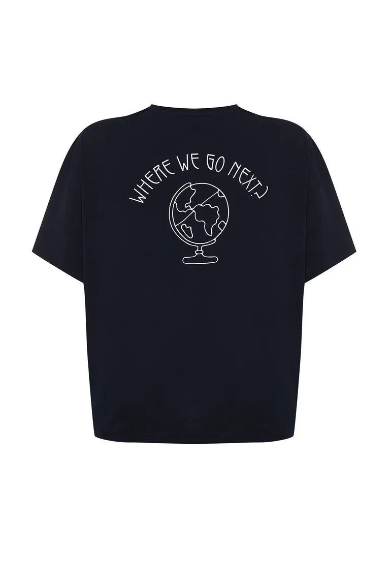 Navy Blue 100% Cotton Back Embroidered Relaxed/Wide Comfort Fit Crew Neck Knitted T-Shirt - 6