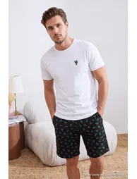 Navy Blue Regular Cut Cactus Printed Cotton Piece Knitted Pajama Set