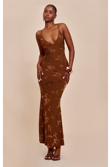 Brown Devore V-neck Maxi Dress
