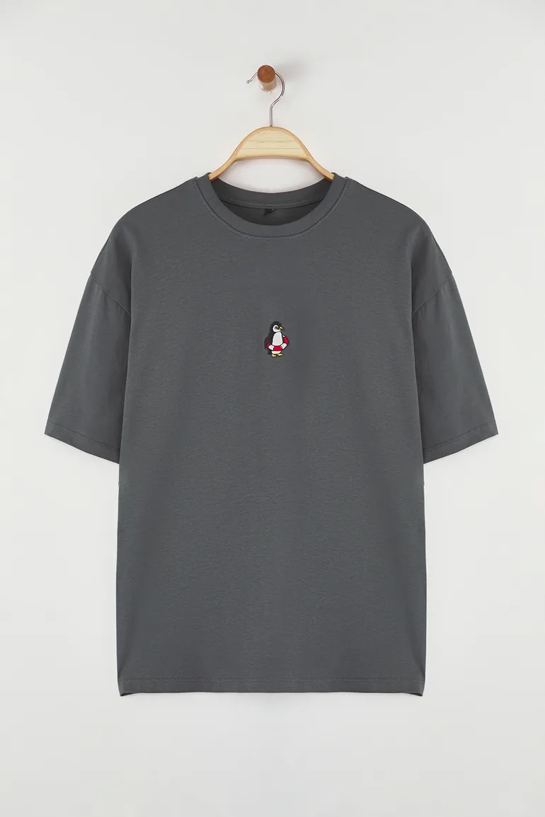 Anthracite Oversize/Wide Cut Penguin Embroidered 100% Cotton T-Shirt - 2