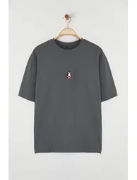 Anthracite Oversize/Wide Cut Penguin Embroidered 100% Cotton T-Shirt - 2