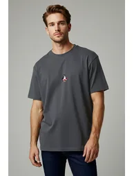 Anthracite Oversize/Wide Cut Penguin Embroidered 100% Cotton T-Shirt - 1