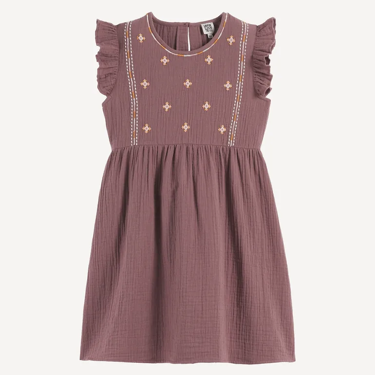Cotton Muslin Dress with Embroidery and Ruffles - 1