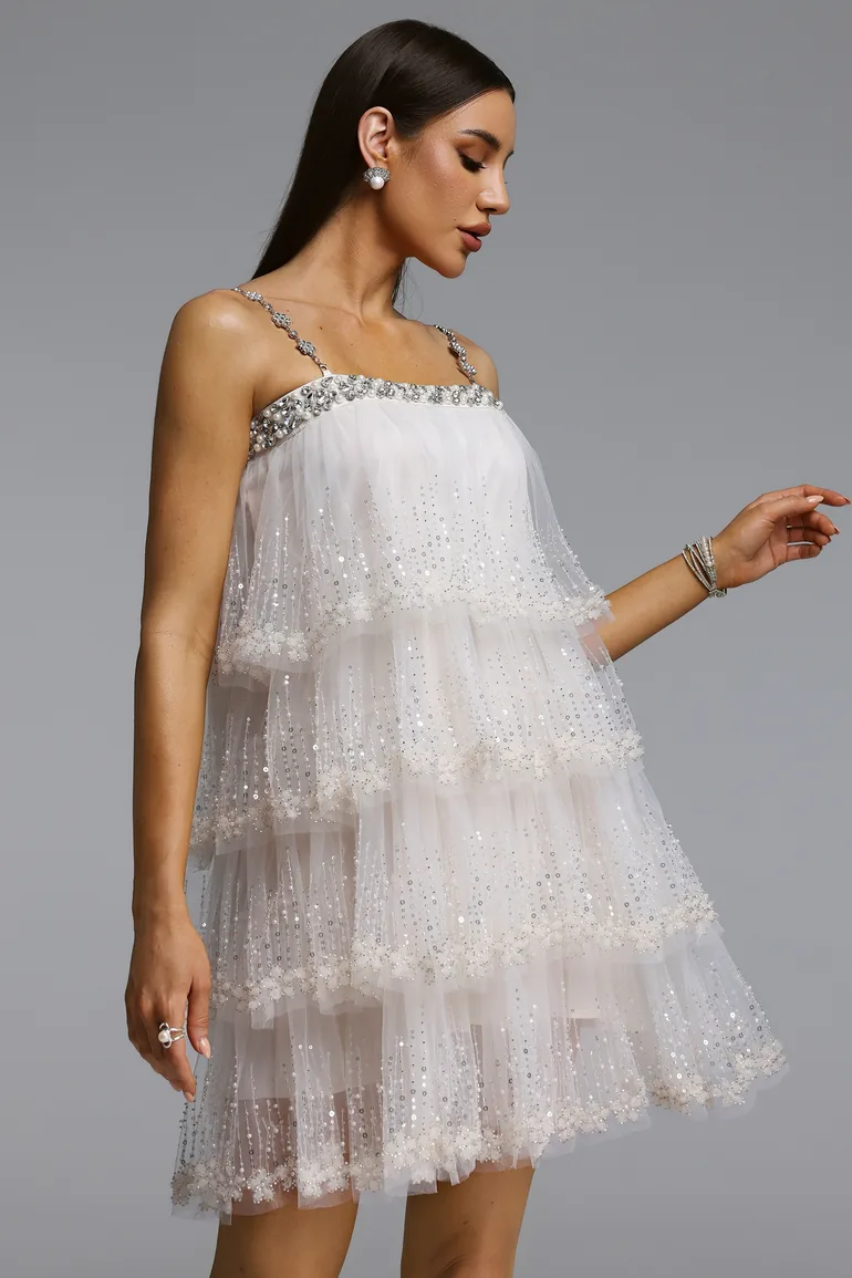 Umeko Elegant Flowy Tiered Ruffle Sequin Mini Dress - 3