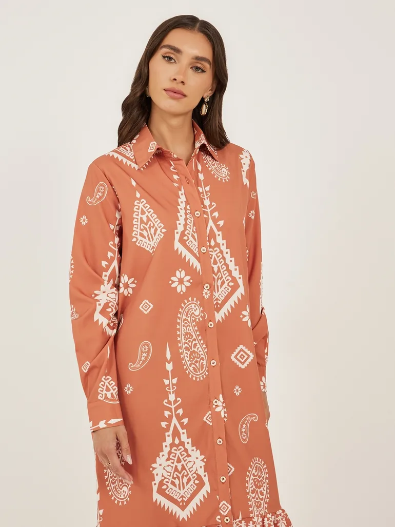 Printed Long Sleeves Shirt Midi Dress - 2