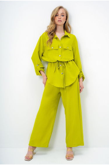 Women's Oil Green Double Pocket Safari Jacket and Wide Leg Aerobin Pants Suit with Elastic Waist