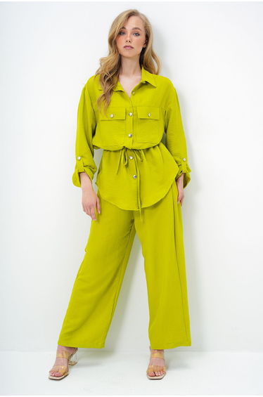 Women's Oil Green Double Pocket Safari Jacket and Wide Leg Aerobin Pants Suit with Elastic Waist product thumbnail 3