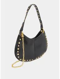 Black Studded Baguette Bag with Chain Strap