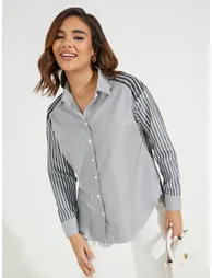 Oversized Longline Striped Shirt with Dropped Shoulder - 1