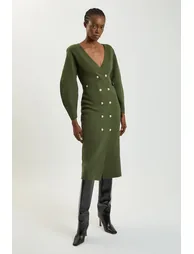 Wool Look Military Double Breasted Knitted Dress