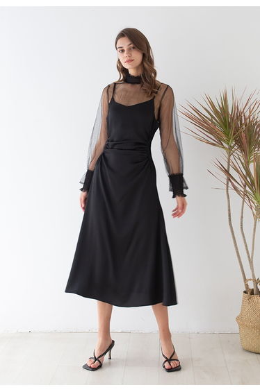 Cutout Waist Textured Cami Dress in Black