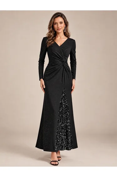 Sequin Knit Long Sleeve Evening Dress