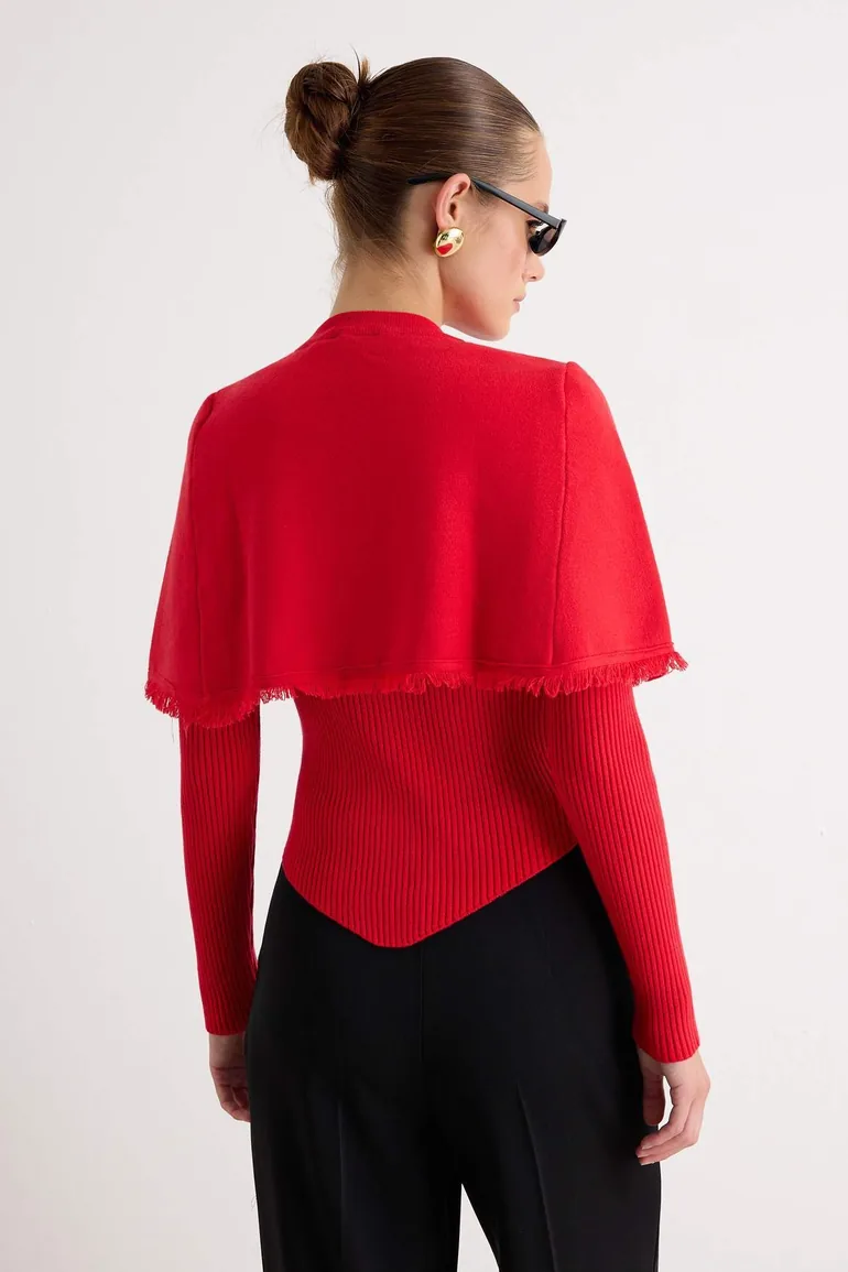 Red 2-Piece Knitwear Sweater with Removable Cape - 4