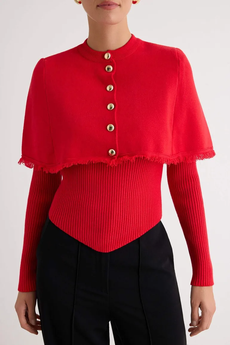 Red 2-Piece Knitwear Sweater with Removable Cape - 3