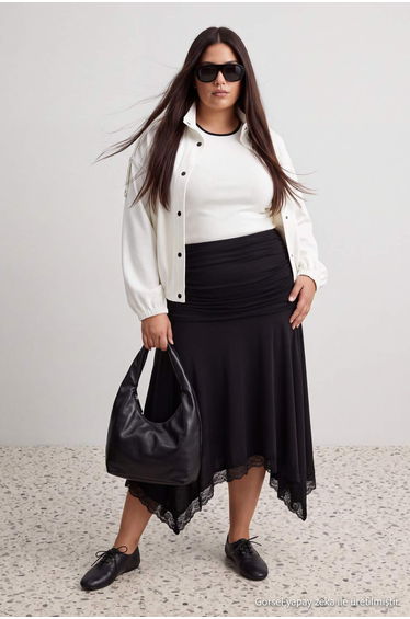 Black Lace Detailed Midi Length Knitted Plus Size Skirt