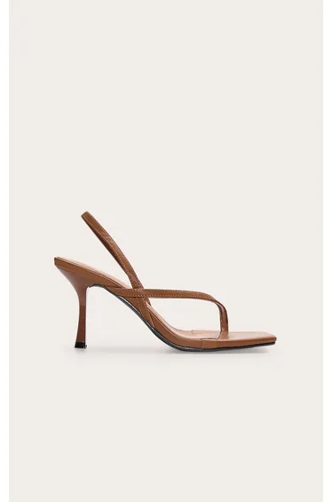 Chocolate Pu Square Toe Thong Sling Back Mid Heeled Sandals