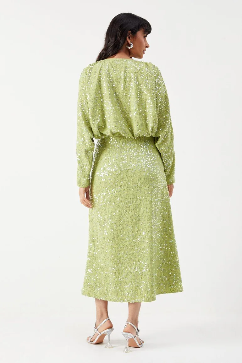 Sequin Crinkle Batwing Plunge Neck Midaxi Dress - 2