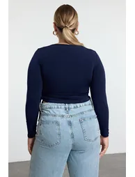 Navy Blue Sandy Knitted Plus Size Blouse - 4