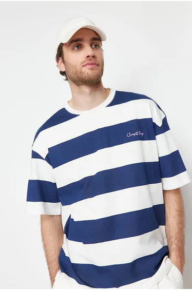 Navy Blue Men's Oversize Text Embroidered Striped 100% Cotton T-Shirt