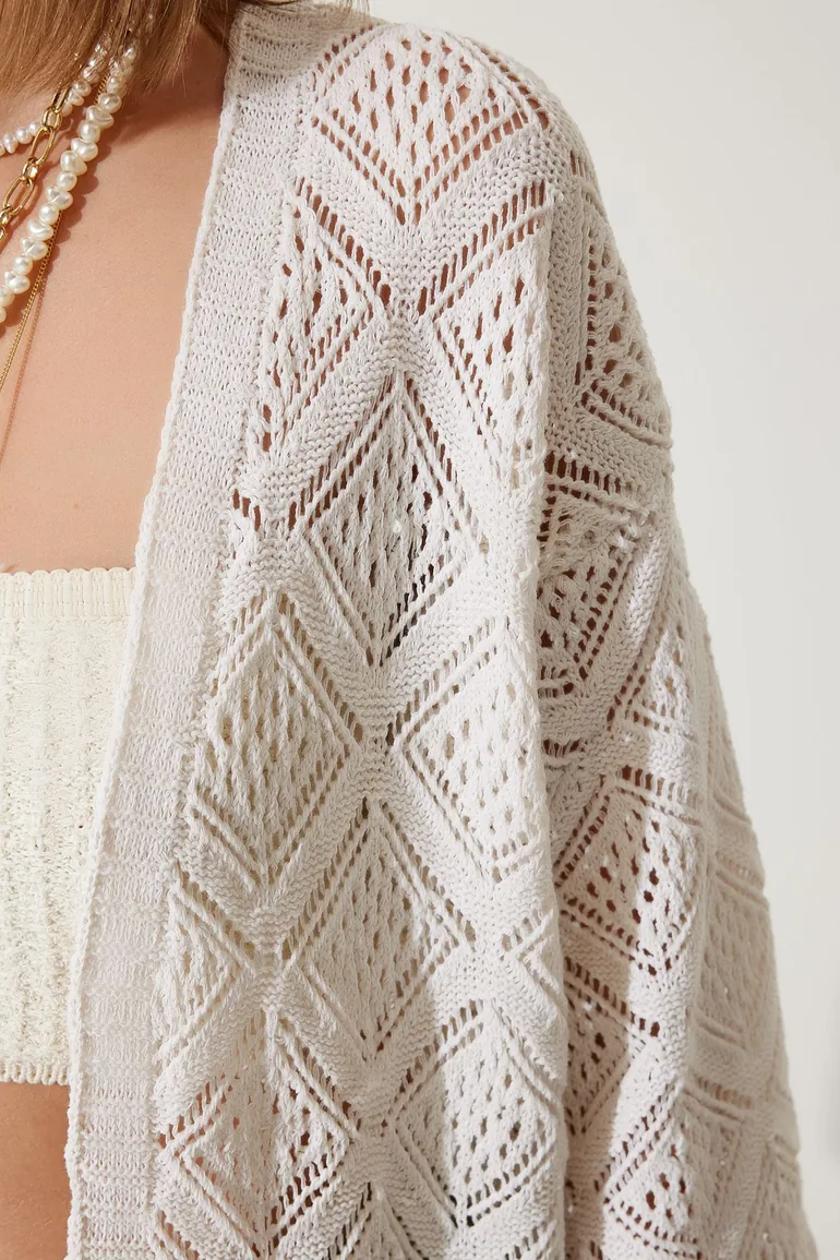 Women's Cream Openwork Seasonal Knitwear Cardigan - 2