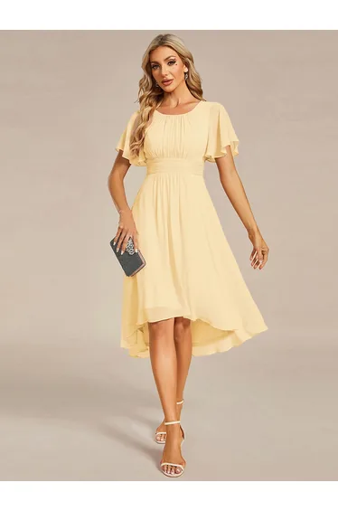 Short-Sleeve Ruffle Pleated Round-Neck A-Line High-Low Wedding Guest Dress