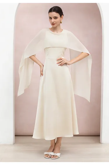 Flowy Chiffon Cape Panel Satin Sleeveless Dress in Champagne for Cocktail Parties & Dinner Dates