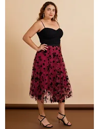 3D Posy Double-Layered Mesh Midi Skirt in Red - 13
