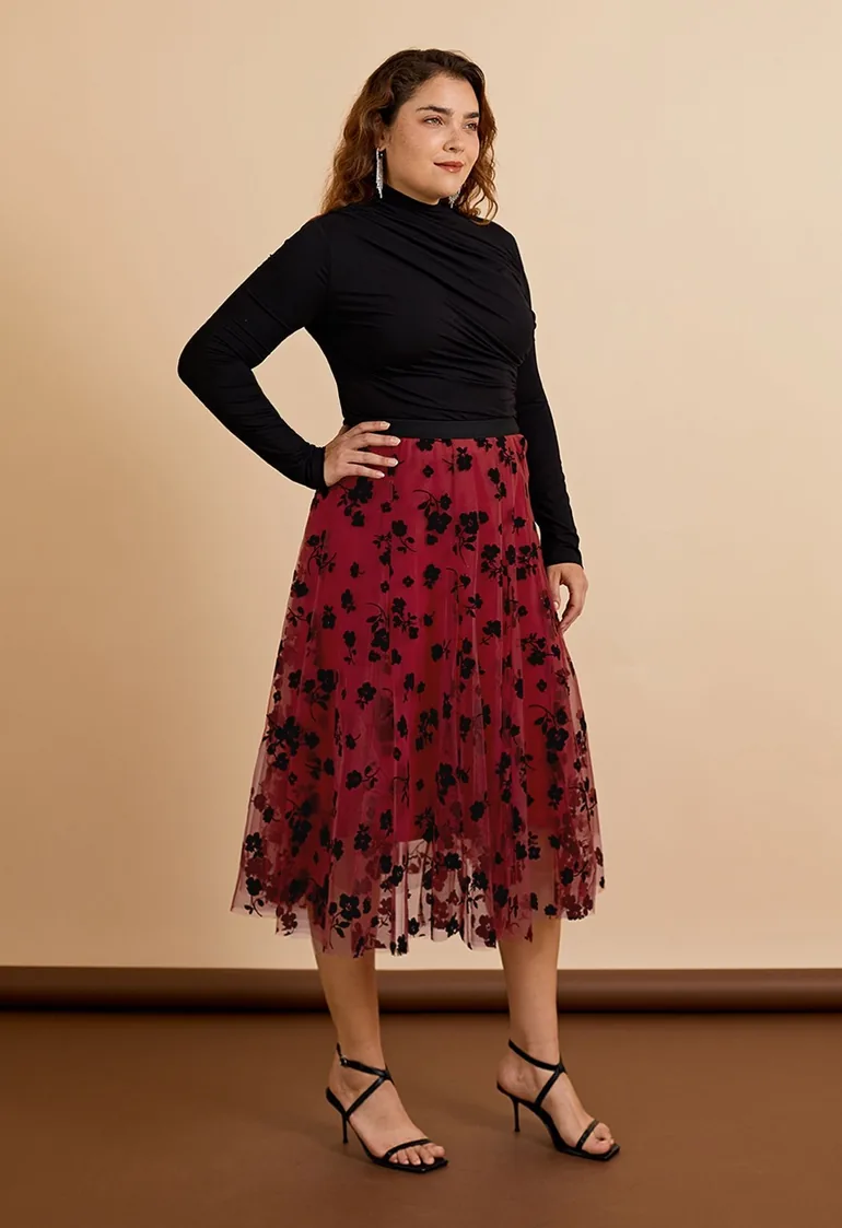 3D Posy Double-Layered Mesh Midi Skirt in Red - 11