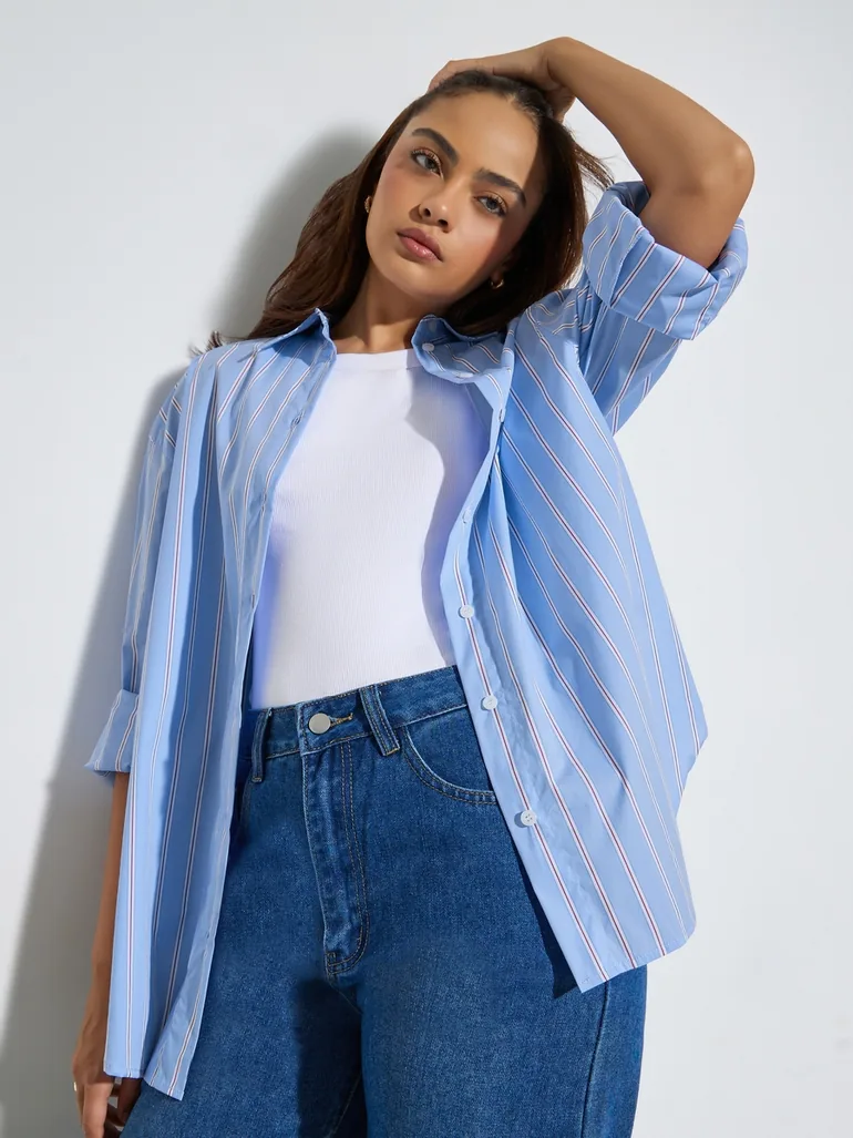 Blue Striped Oversized Casual Shirt - 1