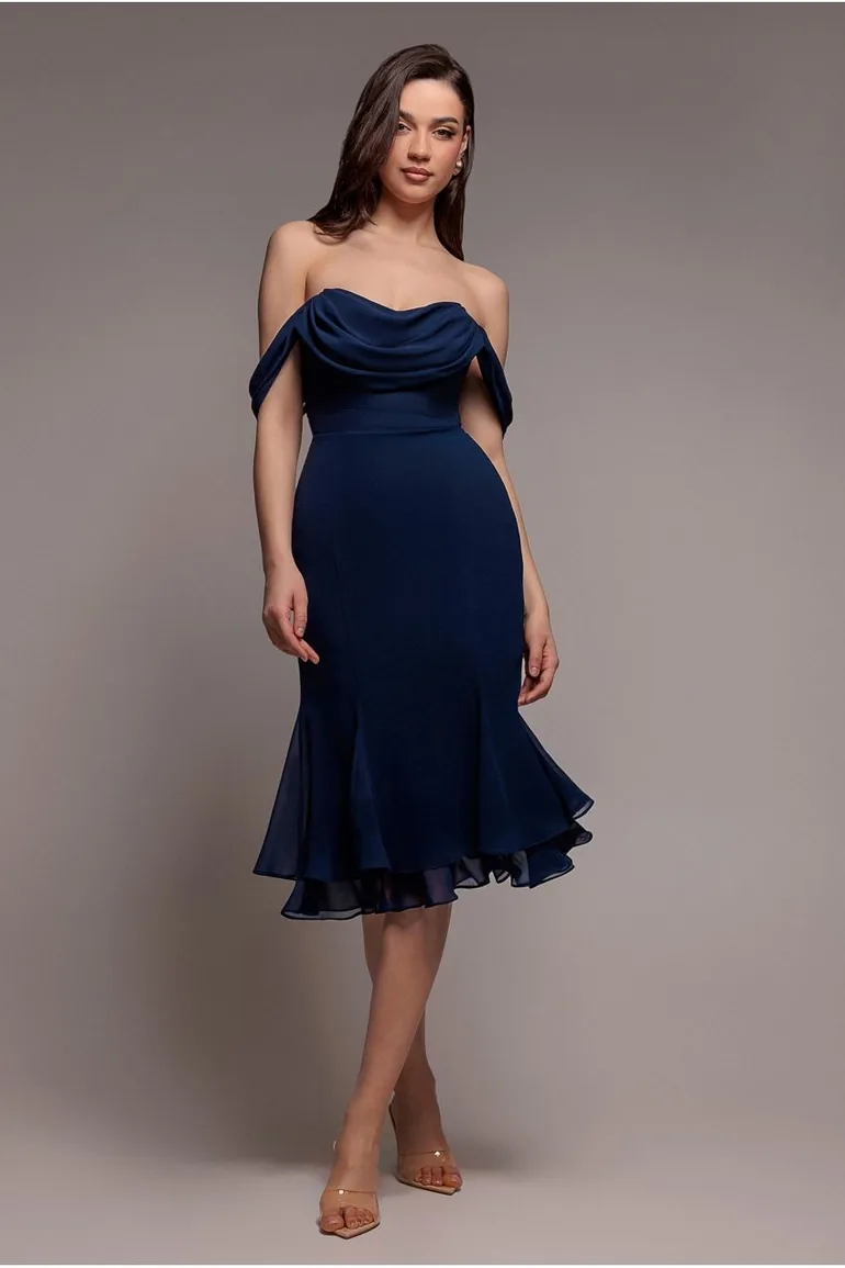 Chiffon Cowl Off Shoulder Wing Tiered Midi Dress - Navy Blue by Goddiva